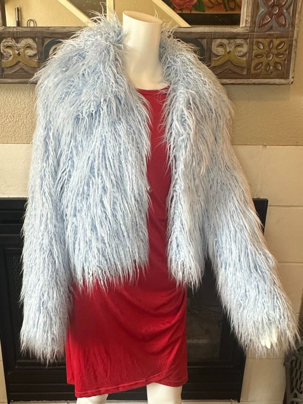 VTG FOREVER21 Blue Long Hair Faux Fur open Jacket Large Long Sleeve Collared - Picture 12 of 16